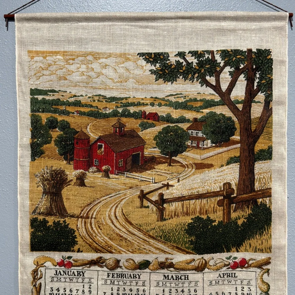 Vintage 1971 Linen Wall Hanging Calendar Rustic Red Barn Farm Scene 17x29